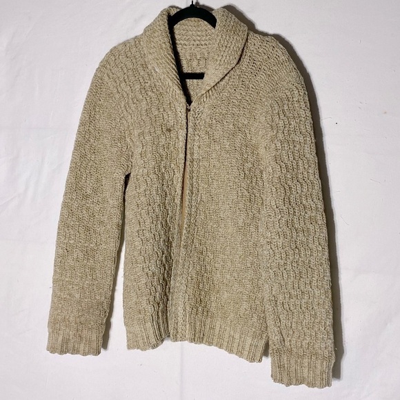 Vintage Hand Knit Ecru Shawl Collar Full Zip Cardigan Sweater L - Picture 13 of 14